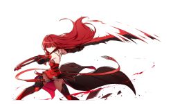 Rule 34 | 1girl, belt, black gloves, black pantyhose, boots, brown thighhighs, choker, crimson avenger (elsword), elbow gloves, elesis (elsword), elsword, expressionless, fighting stance, gloves, leotard, long hair, official art, pantyhose, red eyes, red hair, red leotard, ress, solo, sword, thigh boots, thighhighs, thighhighs over pantyhose, transparent background, weapon