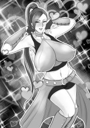 Rule 34 | 1girl, black hair, blush, boots, breasts, dragon quest, dragon quest xi, elbow gloves, covered erect nipples, gloves, greyscale, heart, huge breasts, jonsaturday, martina (dq11), monochrome, monochrome, nipples, open mouth, ponytail, skirt