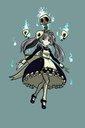 Rule 34 | 1girl, apron, bloody marie (skullgirls), blue background, brooch, dress, exposed bone, fire, floating, frilled apron, frilled dress, frills, grey hair, hair ornament, highres, jewelry, looking down, maid, maid headdress, pantyhose, red eyes, ribs, skull, skull hair ornament, skullgirls, solo, twintails