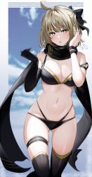 Rule 34 | 1girl, :o, ahoge, bare shoulders, bikini, black bikini, black bow, black gloves, black scarf, black thighhighs, blurry, blurry background, blush, bow, breasts, brown hair, cleavage, cloud, depth of field, elbow gloves, fate/grand order, fate (series), feet out of frame, flying sweatdrops, gloves, gluteal fold, grey eyes, hair bow, highres, large breasts, looking at viewer, medium breasts, multi-strapped bikini, navel, okita j. souji (fate), okita souji (fate), okita souji (koha-ace), parted lips, scarf, short hair, single glove, skindentation, solo, stomach, strap slip, sweatband, swimsuit, thigh strap, thighhighs, thighs, twitter username, xretakex