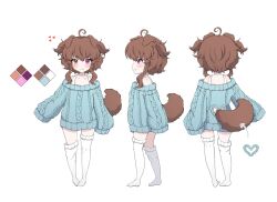Rule 34 | 1girl, absurdres, ahoge, animal ears, artist request, blue sweater, brown hair, choker, dog ears, dog girl, dog tail, emi (vtuber), full body, heart, heterochromia, highres, indie virtual youtuber, loose thighhigh, multiple views, no pants, no shoes, short hair, simple background, sleeves past wrists, smile, sweater, tail, thighhighs, turnaround, two side up, virtual youtuber, white background, white thighhighs