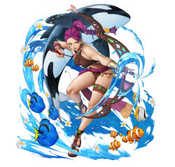 1girl bare_shoulders bikini bow_(weapon) braid breasts dark_skin earrings facial_mark fire_emblem fire_emblem:_three_houses full_body gladiator_sandals holding holding_bow_(weapon) holding_weapon jewelry large_breasts long_hair multiple_boys navel nintendo official_art petra_macneary ponytail purple_hair sandals simple_background solo swimsuit tan third-party_source weapon white_background