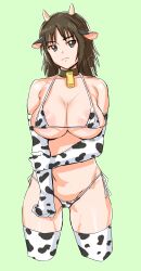 Rule 34 | 1girl, absurdres, animal ears, animal print, bell, bikini, breasts, brown eyes, cleavage, closed mouth, cow ears, cow horns, cow print, cow print bikini, cowbell, elbow gloves, fake animal ears, fake horns, girls und panzer, gloves, green background, highres, horns, kuppipi ramutarou, large areolae, large breasts, looking at viewer, micro bikini, murakami (girls und panzer), neck bell, print bikini, print thighhighs, side-tie bikini bottom, simple background, solo, swimsuit, thighhighs