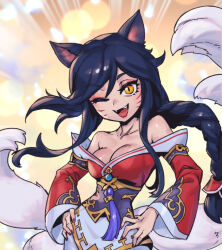 Rule 34 | 1girl, ;d, ahri (league of legends), animal ears, bare shoulders, black hair, blush, breasts, cleavage, collarbone, detached sleeves, facial mark, fangs, fox ears, fox tail, korean clothes, kyuubi, large breasts, league of legends, long hair, looking at viewer, multicolored background, multiple tails, one eye closed, open mouth, phantom ix row, shiny skin, smile, solo, tail, whisker markings, yellow eyes