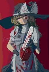 Rule 34 | 1girl, absurdres, apron, black apron, black gloves, black hat, black skirt, black vest, blonde hair, blood, blood on clothes, bloody weapon, bow, braid, chainsaw, closed mouth, commentary request, cookie (touhou), cowboy shot, english text, evil smile, gloves, hat, hat bow, heart, highres, holding, holding chainsaw, kirisame marisa, long hair, looking to the side, odoro (nicoseiga81184094), puffy short sleeves, puffy sleeves, red background, red eyes, shirt, short sleeves, side braid, single braid, skirt, smile, smoke, solo, star (symbol), suzu (cookie), touhou, vest, weapon, white bow, white shirt, witch hat