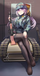 Rule 34 | 1girl, battle rifle, black skirt, camouflage, camouflage headwear, camouflage jacket, closed mouth, company of heroes, crossed legs, explosive, fallschirmjager, fallschirmjager (company of heroes), feet, fg 42, full body, german army, goliath tracked mine, gun, hair between eyes, hat, helmet, holding, holding gun, holding weapon, jacket, leggings, long hair, long sleeves, looking at viewer, military, military hat, military jacket, military uniform, mine (weapon), no shoes, original, poster (object), purple eyes, rifle, sitting, skirt, smile, solo, toes, twintails, uniform, weapon, world war ii, zhainan s-jun