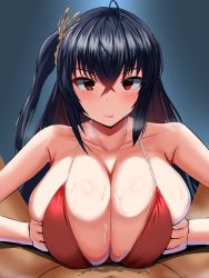 Rule 34 | 1boy, 1girl, azur lane, beruya, black background, black hair, grabbing another&#039;s breast, breasts squeezed together, breasts, cocktail dress, dress, evening gown, grabbing, hetero, highres, huge breasts, long hair, looking at viewer, official alternate costume, paizuri, paizuri under clothes, red dress, red eyes, simple background, solo focus, sweat, taihou (azur lane), taihou (forbidden feast) (azur lane), upper body