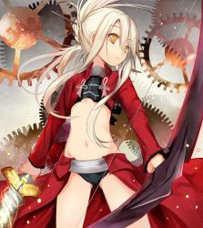 Rule 34 | 1girl, archer (fate), archer (fate) (cosplay), black panties, blonde hair, bow (weapon), caladbolg (fate), cosplay, efe, excalibur (fate/stay night), fate/kaleid liner prisma illya, fate (series), female focus, flat chest, folded ponytail, gears, hair ornament, hair stick, hair up, illyasviel von einzbern, jacket, long hair, long sleeves, magical girl, midriff, navel, open clothes, open jacket, panties, showgirl skirt, solo, sword, underwear, weapon, yellow eyes