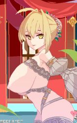Rule 34 | 10s, 1boy, 1girl, ahoge, animated, animated gif, artist name, blonde hair, blush, bouncing breasts, breasts, censored, fate/extra, fate (series), green eyes, hair intakes, heart, heart-shaped pupils, hetero, jiggle, lactation, large breasts, nero claudius (fate), nero claudius (fate) (all), nero claudius (fate/extra), nipples, open mouth, penis, pixel art, sex, short hair, smile, solo focus, stomach bulge, symbol-shaped pupils, thighhighs, viola (seed)