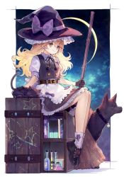 Rule 34 | 1girl, ainy, apron, bad id, bad twitter id, belt, black footwear, black gloves, black hat, black ribbon, black skirt, black vest, blonde hair, book, bow, broom, buttons, cat, collared shirt, crate, crescent moon, cross-laced footwear, dog, flask, frilled apron, frilled skirt, frills, gloves, hair between eyes, hat, hat bow, highres, kirisame marisa, long hair, looking at viewer, moon, neck ribbon, night, puffy short sleeves, puffy sleeves, ribbon, shirt, shoes, short sleeves, sitting, skirt, sky, smile, solo, star (sky), star (symbol), starry sky, test tube, touhou, vest, waist apron, white apron, white bow, white legwear, white shirt, witch hat, yellow eyes