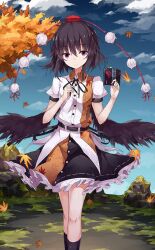 Rule 34 | 1girl, black bow, black bowtie, black hair, black skirt, black wings, blue sky, book, border, bow, bowtie, cloud, day, feathered wings, feet out of frame, hands up, hat, hide448, holding, holding book, looking at viewer, miniskirt, official art, outdoors, petticoat, pom pom (clothes), puffy short sleeves, puffy sleeves, red eyes, shameimaru aya, shirt, short hair, short sleeves, skirt, sky, smile, solo, standing, star (symbol), third-party source, tokin hat, touhou, touhou cannonball, white shirt, wings