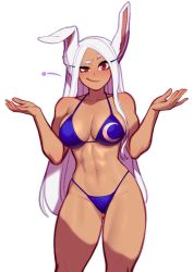 Rule 34 | 1girl, abs, animal ears, bare shoulders, bikini, blue bikini, blushyspicy, boku no hero academia, breasts, closed mouth, collarbone, commentary, dark-skinned female, dark skin, english commentary, gluteal fold, hands up, highleg, highleg bikini, highres, large breasts, long hair, looking at viewer, mirko, navel, rabbit ears, raised eyebrow, red eyes, simple background, smirk, solo, string bikini, swimsuit, thick thighs, thighs, very long hair, white hair