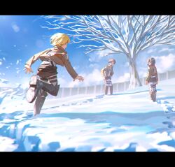 Rule 34 | 1girl, 2boys, armin arlert, bare tree, blonde hair, blue sky, boots, brown footwear, brown jacket, cloud, cropped jacket, day, eren yeager, footprints, from side, hands on own hips, highres, jacket, knee boots, leg up, letterboxed, long sleeves, looking at another, mikasa ackerman, multiple boys, noinoichebura, open mouth, outdoors, pants, running, shingeki no kyojin, shirt, short hair, sky, snow, standing, survey corps (emblem), tree, white pants, white shirt, winter