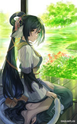 Rule 34 | 1girl, aquaplus, barefoot, black hair, brown eyes, character request, flower, from side, full body, highres, long hair, looking at viewer, low-tied long hair, plant, red flower, reflection, sitting, solo, tree, umishima senbon, very long hair
