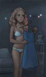 Rule 34 | 1girl, absurdres, bare shoulders, blonde hair, blush, bra, breasts, cowboy shot, dress, female focus, highres, holding, i0525, indoors, lingerie, looking to the side, medium hair, small breasts, solo, standing, stuffed animal, stuffed toy, teddy bear, underwear, wavy hair