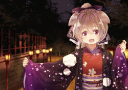 Rule 34 | 1girl, 54hao, animal ears, black bow, blurry, blurry background, bow, brown eyes, brown hair, brown nails, depth of field, dog ears, fence, hair between eyes, hair bow, high ponytail, highres, hololive, inugami korone, japanese clothes, kimono, lantern, long hair, long sleeves, nail polish, night, obi, open clothes, outdoors, pinching sleeves, ponytail, red kimono, sash, sleeves past wrists, solo, upper body, virtual youtuber, wide sleeves