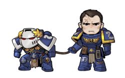 adeptus_astartes ammunition_pouch armor captain_titus chibi clenched_hands frown helmet highres holding holding_leash leash loincloth looking_at_viewer malum_caedo multiple_piercings pouch power_armor purity_seal skull space_marine ultramarines warhammer_40k white_background yixu_damengde