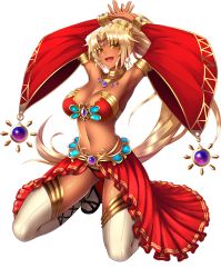 Rule 34 | 1girl, arabian clothes, armpits, arms up, belly dancer, blonde hair, breasts, cleavage, dark-skinned female, dark skin, earrings, eyebrows, feet, female focus, floating hair, full body, jewelry, kneeling, large breasts, legs, long hair, looking at viewer, lots of jewelry, midriff, open mouth, orange eyes, ponytail, revealing clothes, sandals, sasha (sennen sensou aigis), sennen sensou aigis, solo, strapless, thighhighs, thighs, thong, transparent background, white background, wide sleeves