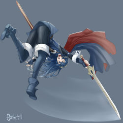 Rule 34 | 1girl, absurdres, action, artist name, ass, belt, blue eyes, blue gloves, blue hair, boots, cape, falchion (fire emblem), fingerless gloves, fire emblem, fire emblem awakening, full body, gloves, hair between eyes, highres, holding, holding weapon, long hair, lucina (fire emblem), motion lines, nintendo, open mouth, ozkh, sheath, solo, super smash bros., sword, thigh boots, thighhighs, tiara, two-tone cape, weapon, wrist cuffs