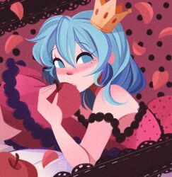 Rule 34 | 1girl, apple, aqua eyes, aqua hair, artist name, bare shoulders, bed sheet, blush, camisole, crown, eating, emmyluvscookies, falling petals, food, frilled camisole, frills, fruit, hair between eyes, hair down, hatsune miku, highres, holding, holding food, holding fruit, lace-trimmed camisole, lace trim, long hair, looking at viewer, lying, mini crown, no lineart, on bed, on stomach, petals, pillow, pink background, pink camisole, polka dot, polka dot background, polka dot camisole, red apple, romeo to cinderella (vocaloid), sideways glance, solo, strap slip, vocaloid