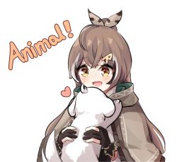 Rule 34 | 1girl, :d, ahoge, animal, black hair, brown hair, capelet, commentary, crossed bangs, dog, english text, feather hair ornament, feathers, gloves, hair ornament, heart, hololive, hololive english, likameri025, looking at another, multiple girls, nanashi mumei, open mouth, owl girl, partially fingerless gloves, puppy, simple background, smile, solo, transparent background, upper body, virtual youtuber, white hair, yellow eyes