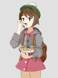 Rule 34 | 1girl, artist request, bag, bag of chips, brown eyes, brown hair, child, chips (food), creatures (company), dress, eating, flat chest, food, game freak, gloria (pokemon), grey jacket, hat, highres, jacket, legs, looking at viewer, neck, nintendo, open mouth, pink dress, pokemon, pokemon swsh, short hair, simple background, tam o&#039; shanter, thighs