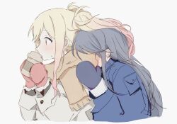 Rule 34 | 2girls, blonde hair, blue hair, blue jacket, blue mittens, blush, brown scarf, colored tips, commentary, cropped torso, cup, disposable cup, hoshino ichika (project sekai), hug, hug from behind, jacket, long hair, long sleeves, mittens, multicolored hair, multiple girls, pann (1202zzzx00), project sekai, red eyes, scarf, simple background, sweatdrop, tenma saki, two side up, upper body, white background, white jacket, winter clothes, yuri