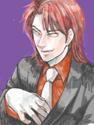 Rule 34 | 1boy, collared shirt, face, formal, ichijou (kaiji), kaiji, male focus, necktie, parted bangs, pointy nose, purple background, red hair, shirt, simple background, smirk, solo, suit, tegaki