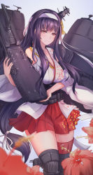 Rule 34 | 10s, 1girl, antiqq, bare shoulders, black hair, blue background, breasts, brown eyes, cleavage, collarbone, cowboy shot, detached sleeves, epaulettes, female focus, flight deck, floral print, flower, fusou (kancolle), fusou kai ni (kancolle), hair ornament, hairband, headband, highres, kantai collection, large breasts, long hair, looking at viewer, low ponytail, mecha musume, nontraditional miko, simple background, skirt, solo, thighhighs, very long hair, zettai ryouiki