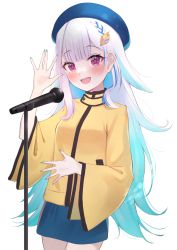 Rule 34 | 1girl, :d, absurdres, blue hair, blue headwear, blue nails, blue skirt, blush, braid, cowboy shot, hair ornament, hairclip, highres, lize helesta, long hair, long sleeves, looking at viewer, microphone, microphone stand, mugino0515, multicolored hair, nail polish, nijisanji, open mouth, purple eyes, shirt, simple background, skirt, smile, solo, standing, two-tone hair, very long hair, virtual youtuber, white background, white hair, yellow shirt