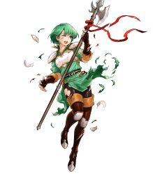 Rule 34 | 1girl, armor, belt, boots, breastplate, dress, elbow gloves, female focus, fingerless gloves, fire emblem, fire emblem: thracia 776, fire emblem heroes, full body, gloves, gold trim, green dress, green eyes, green hair, highres, holding, holding polearm, holding spear, holding weapon, karin (fire emblem), knee pads, matching hair/eyes, nintendo, non-web source, official art, one eye closed, pantyhose, polearm, red ribbon, ribbon, shiny clothes, short dress, short hair, short sleeves, shoulder armor, solo, spear, thigh boots, thighhighs, torn clothes, torn legwear, transparent background, uroko (mnr), weapon, white armor, wince