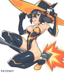 Rule 34 | 1girl, alternate costume, artist name, bare shoulders, black choker, black footwear, black gloves, black hair, blue eyes, boots, breasts, broom, broom riding, choker, elbow gloves, full body, gloves, hair between eyes, hat, highleg, highleg leotard, highres, kill la kill, large breasts, leotard, lips, living clothes, looking at viewer, matoi ryuuko, patosky, senketsu, solo, strapless, strapless leotard, thigh boots, thighs, witch, witch hat