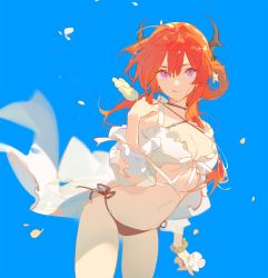 Rule 34 | 1girl, :q, arknights, ask (askzy), bikini, blue background, commentary request, cowboy shot, female focus, food, hand up, highres, holding, holding food, horns, long hair, looking at viewer, navel, popsicle, purple eyes, red hair, resolution mismatch, side-tie bikini bottom, solo, source smaller, standing, stomach, surtr (arknights), surtr (colorful wonderland) (arknights), swimsuit, tongue, tongue out