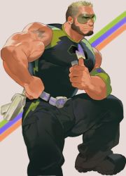 Rule 34 | 1boy, atcesolcyc, bara, bare shoulders, beard, character request, facial hair, green hair, highres, large pectorals, long sideburns, male focus, mature male, muscular, muscular male, original, pectorals, short hair, sideburns, sleeveless, solo