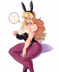 Rule 34 | 1girl, absurdres, animal ears, bare shoulders, black choker, black footwear, black leotard, blonde hair, blush, bow, bowtie, breasts, choker, cleavage, commentary, easter, english commentary, english text, fake animal ears, fake tail, fingernails, full body, hentaly, high heels, highres, huge breasts, leotard, long hair, looking at viewer, muscular, muscular female, pantyhose, playboy bunny, pumps, purple pantyhose, rabbit ears, rabbit tail, red eyes, rwby, shy, sitting, solo, speech bubble, strapless, strapless leotard, tail, tan, tanline, thick thighs, thighs, white bow, white bowtie, yang xiao long