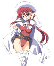 Rule 34 | 1girl, adapted costume, aty (summon night), belt, beret, blue eyes, blush, boots, breasts, cape, covered erect nipples, embarrassed, gluteal fold, hat, highleg, highleg leotard, leotard, long hair, looking at viewer, medium breasts, open mouth, ouhashi, red hair, ribbed leotard, simple background, skin tight, solo, summon night, summon night 3, thigh boots, thigh gap, thighhighs, turtleneck, white background, white thighhighs
