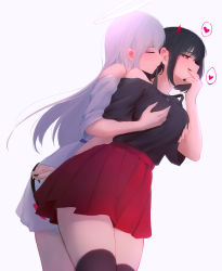Rule 34 | 2girls, bare shoulders, black hair, black nails, black shirt, blush, breasts, closed eyes, collarbone, covering own mouth, demon tail, dress, grabbing, grabbing another&#039;s breast, grabbing from behind, halo, hand over own mouth, heart, highres, horns, hug, large breasts, long hair, mouth hold, multiple girls, nail polish, off-shoulder dress, off shoulder, open mouth, original, pleated skirt, red horns, red skirt, shimmer, shirt, shirt tucked in, short hair, short sleeves, simple background, skirt, tail, white background, white dress, white hair, yuri