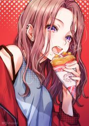 Rule 34 | 1girl, blue shirt, brown hair, crepe, ear piercing, earrings, food, food on face, highres, holding, holding food, jewelry, long hair, long sleeves, looking at viewer, open mouth, original, piercing, purple eyes, red background, shinishi chiho, shirt, sleeveless, sleeveless shirt, solo, sparkle, straight hair, strap slip, twitter username, upper body