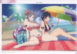 Rule 34 | 2girls, absurdres, bare shoulders, beach, bikini, breasts, can, chain, chain around arm, day, drink can, highres, holding, holding own hair, innertube, large breasts, looking at viewer, multiple girls, ocean, official art, open mouth, outdoors, page number, scan, senran kagura, senran kagura new link, shiny skin, short hair, simple background, smile, soda can, striped bikini, striped clothes, swim ring, swimsuit, thighs, yaegashi nan