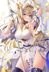 Rule 34 | 1girl, antenna hair, armpits, bare shoulders, belt, blonde hair, blue eyes, boots, breasts, detached sleeves, dress, flower, granblue fantasy, hair flower, hair intakes, hair ornament, hand up, highres, jeanne d&#039;arc (granblue fantasy), large breasts, long hair, ribbon-trimmed dress, solo, strapless, strapless dress, thigh boots, very long hair, white dress, yuntae
