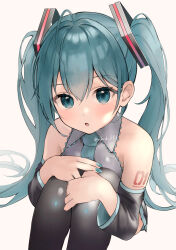 Rule 34 | absurdres, ahoge, arm tattoo, armpit crease, bare shoulders, black skirt, black sleeves, black thighhighs, blush, commentary request, detached sleeves, eyelashes, green eyes, green hair, green nails, grey shirt, hair between eyes, half updo, hatsune miku, highres, hugging own legs, knees up, long hair, long sleeves, looking at viewer, miniskirt, nail polish, open mouth, pleated skirt, shirt, simple background, sitting, skirt, sleeveless, sleeveless shirt, tananuki, tattoo, thighhighs, twintails, twitter username, upturned eyes, very long hair, vocaloid, white background, wide sleeves, zettai ryouiki