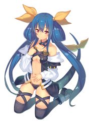 Rule 34 | 1girl, bare shoulders, black thighhighs, blue hair, breasts, choker, dizzy (guilty gear), guilty gear, hair ribbon, highres, kame^^, kneeling, long hair, no wings, red eyes, ribbon, simple background, solo, tail, tail ornament, tail ribbon, thighhighs, twintails, underboob, white background, yellow ribbon