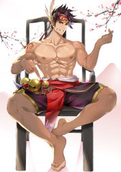 Rule 34 | 1boy, abs, bara, bare pectorals, beckoning, bell, brown hair, come hither, facial scar, feather hair ornament, feathers, finger heart, full body, gan ning, hair ornament, headband, highres, large pectorals, male focus, muscular, muscular male, navel, nipples, on chair, pectorals, pelvic curtain, pmoazi, pointing, pointing at self, purple shorts, scar, scar on cheek, scar on face, scar on stomach, seductive smile, shin sangoku musou, short hair, shorts, shoulder tattoo, sidelocks, sitting, smile, solo, spiked hair, stomach, tattoo, thighs, tree
