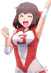Rule 34 | 1girl, :d, arm up, armpits, artist name, brown eyes, brown hair, clenched hand, closed eyes, commentary, elbow pads, facing viewer, girls und panzer, headband, highres, kondou taeko, medium hair, open mouth, red headband, red shirt, red shorts, satou yasu, shirt, shorts, signature, simple background, sleeveless, sleeveless shirt, smile, solo, sportswear, sweat, upper body, volleyball uniform, water drop, white background
