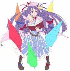 Rule 34 | 1girl, aya shachou, belt, book, boots, bow, braid, crescent, female focus, glyph, hair bow, hat, long hair, long sleeves, looking at viewer, open mouth, outstretched arm, patchouli knowledge, purple eyes, purple hair, solo, touhou, twin braids