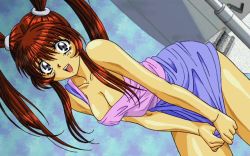 Rule 34 | 1990s (style), 1girl, :d, bare shoulders, bent over, blue skirt, breasts, brown hair, cleavage, collarbone, colored skin, cowboy shot, game cg, grey eyes, hair ornament, hair scrunchie, large breasts, looking at viewer, mizusaki momo, no bra, open mouth, private garden, retro artstyle, scrunchie, shiny skin, skirt, skirt tug, sleeveless, smile, solo, tank top, tetratech, twintails, uehara