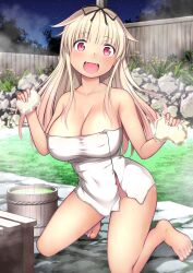 Rule 34 | 1girl, :d, alternate breast size, barefoot, basket, blonde hair, breasts, cleavage, collarbone, commentary request, hair flaps, hair ribbon, highres, holding, holding sponge, kantai collection, kneeling, kuromayu, large breasts, long hair, looking at viewer, naked towel, onsen, open mouth, outdoors, red eyes, ribbon, smile, solo, sponge, toes, towel, white towel, yuudachi (kancolle), yuudachi kai ni (kancolle)