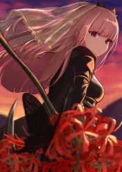 Rule 34 | 1girl, arimoto wataru, black cloak, black dress, black headwear, blunt bangs, blurry, blurry foreground, breasts, bug, butterfly, cloak, closed mouth, cloud, cloudy sky, commentary, depth of field, dress, dusk, english commentary, expressionless, floating hair, flower, from side, highres, hololive, hololive english, insect, long hair, looking at viewer, medium breasts, mixed-language commentary, mori calliope, pink hair, purple sky, red eyes, red flower, red sky, scythe, sky, solo, spider lily, straight hair, tiara, upper body, veil, virtual youtuber, wind