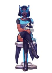 Rule 34 | 1girl, alternate hairstyle, artist name, black eyes, black hair, black thighhighs, blue-tinted eyewear, blue dress, boots, breasts, chair, closed mouth, crossed legs, cyborg, dark-skinned female, dark skin, dress, earrings, forehead jewel, hands on own knee, headgear, high heel boots, high heels, highres, jewelry, knee boots, lips, looking at viewer, mechanical arms, medium breasts, overwatch, overwatch 1, pelvic curtain, red lips, short hair, side slit, simple background, single mechanical arm, sitting, solo, symmetra (overwatch), thighhighs, tinted eyewear, toma (tomama97), visor, white background