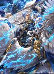 Rule 34 | 1boy, anankos, armor, blue hair, boots, cape, company name, feathered wings, feathers, fire emblem, fire emblem cipher, fire emblem fates, gloves, hagiya kaoru, hair over one eye, horseback riding, japanese armor, male focus, nintendo, official art, pegasus, pegasus knight uniform (fire emblem), polearm, riding, shigure (fire emblem), solo, spear, water, weapon, wings, yellow eyes
